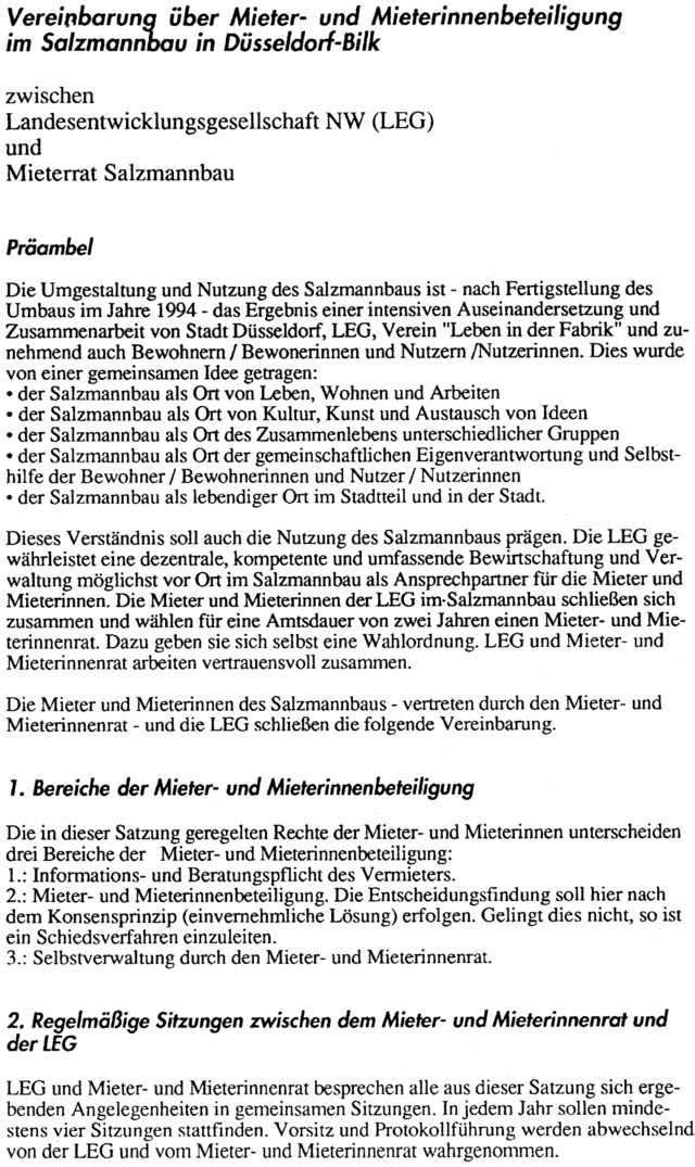 Vereinbarung ber Mieterbeteiligung im Salzmannbau in Dsseldorf-Bilk vom 16.10.1995, Seite 1
