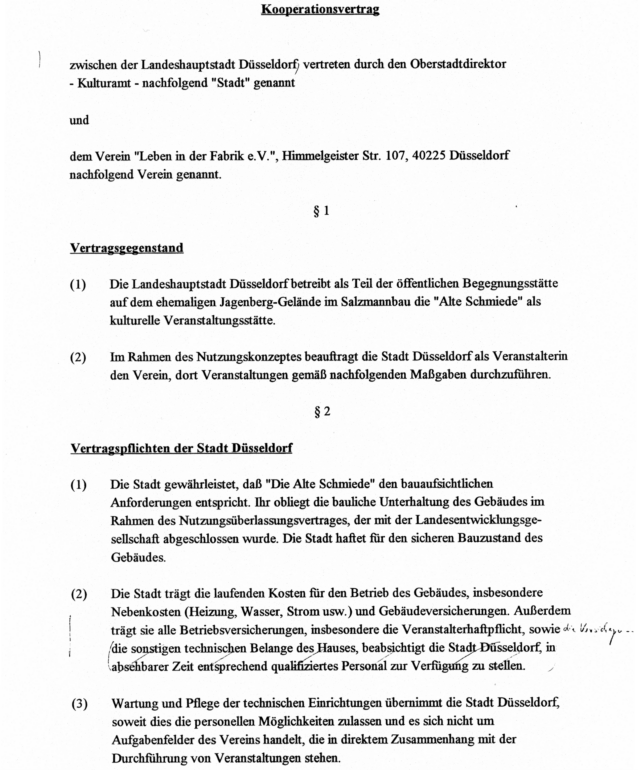 Kooperationsvertrag zwischen Kulturamt und Verein "Leben in der Fabrik", Seite 1