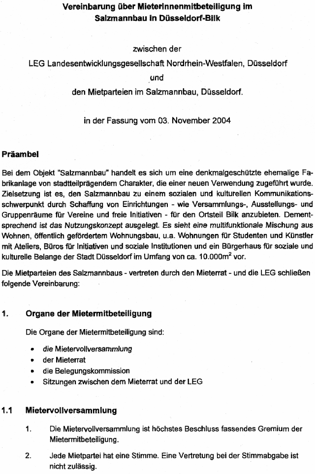 Vereinbarung über MieterInnenbeteiligung im Salzmannbau in Düsseldorf-Bilk, Seite 1